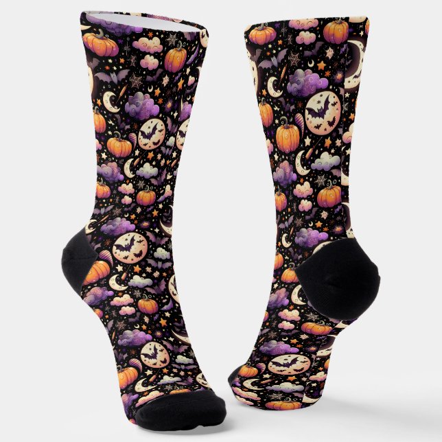 Whimsical Halloween Night Sky Pattern Socks (Angled)