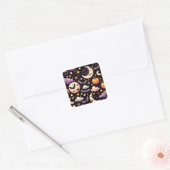 Whimsical Halloween Night Sky Pattern Square Sticker (Envelope)