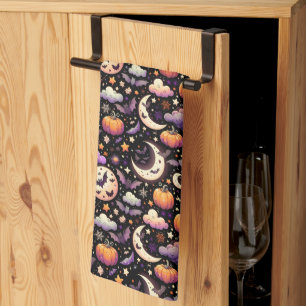 Whimsical Halloween Night Sky Pattern Tea Towel