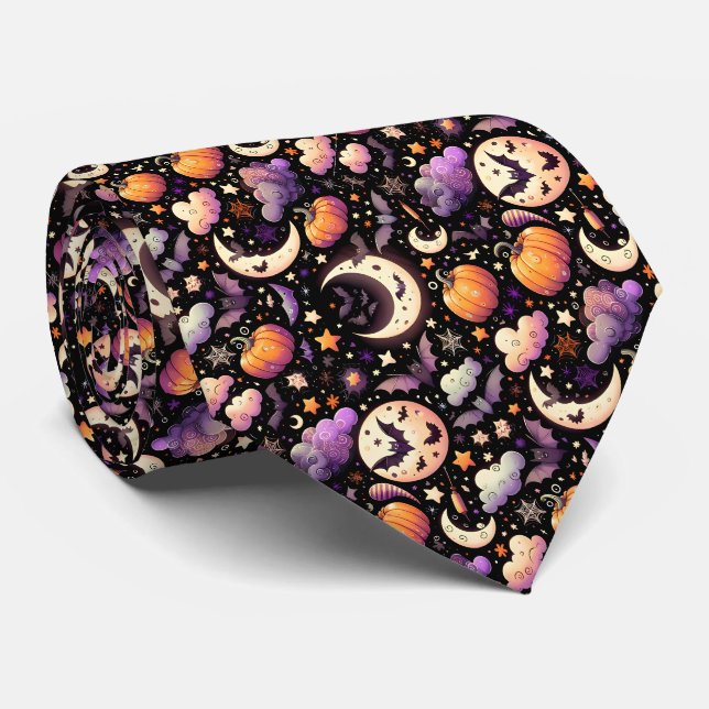 Whimsical Halloween Night Sky Pattern Tie (Rolled)