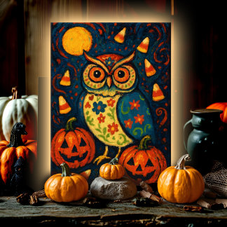 Whimsical Halloween Owl Folk Art Candy Corn Night Card