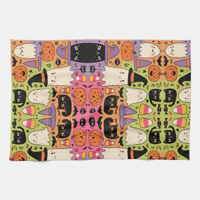 Whimsical Halloween - Pastel Spooky Pattern Tea Towel (Horizontal)