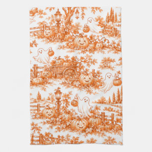 Whimsical Halloween Pumpkin Patch Fun Toile Orange Tea Towel