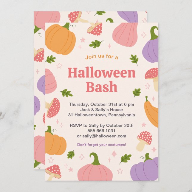Whimsical Halloween Pumpkins and Mushrooms Invitation (Front/Back)