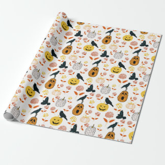 Whimsical Halloween pumpkins raven autumn florals Wrapping Paper