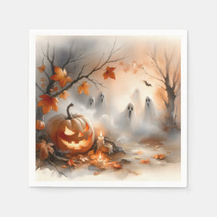 Whimsical Halloween scene with pumpkin and ghosts Napkin