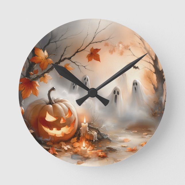 Whimsical Halloween scene with pumpkin and ghosts Round Clock (Front)
