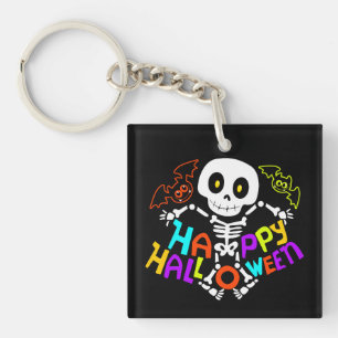Whimsical Halloween Skeleton and Bats Design Key Ring