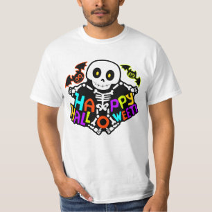 Whimsical Halloween Skeleton and Bats Design T-Shirt