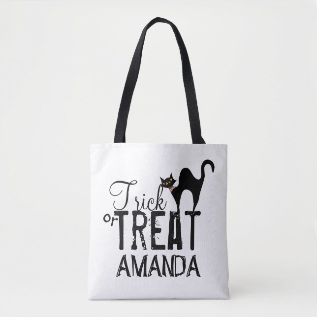Whimsical Halloween Typography Black Cat Treat Tote Bag (Front)