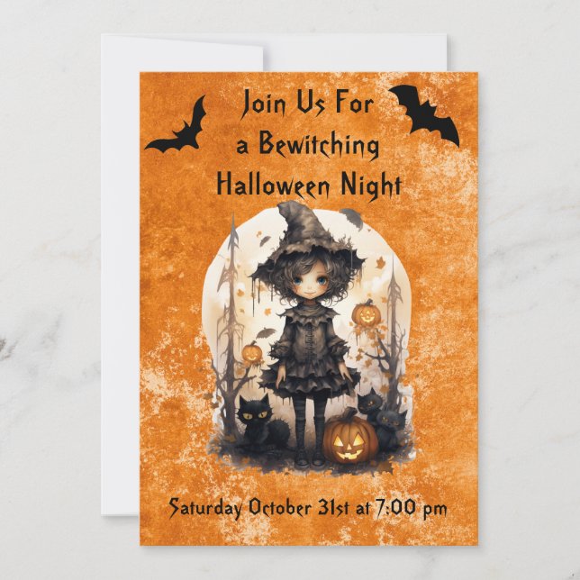 Whimsical Halloween Witch and Her Feline Friends Invitation (Front)