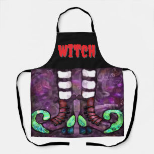 Whimsical Halloween Witch Boots Purple Green Red Apron