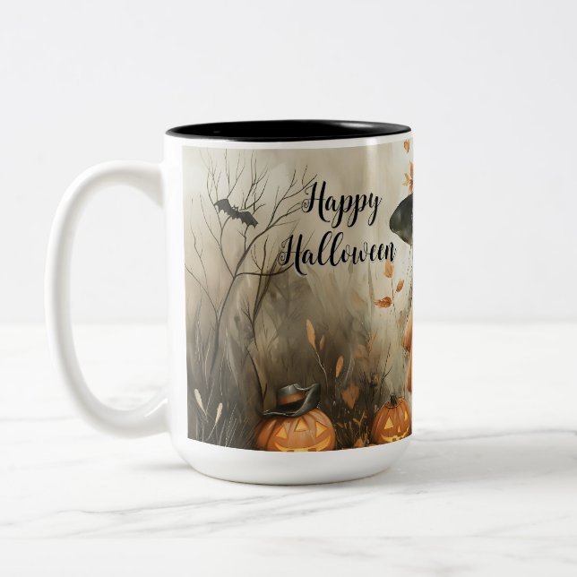 Whimsical Halloween Witch & Pumpkin Personalised Two-Tone Coffee Mug (Left)