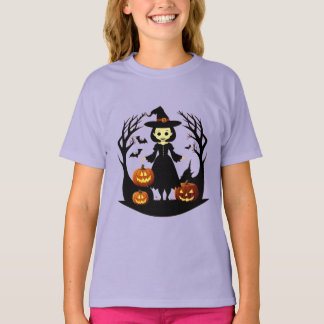 Whimsical Halloween Witch Pumpkins Bats Spooky T-Shirt