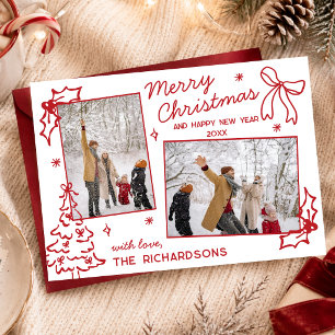 Whimsical Hand Drawn 2 Photo Red Merry Christmas Holiday Card