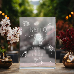 whimsical hand drawn 30th birthday drinks party acrylic sign