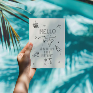 whimsical hand drawn 30th birthday drinks party invitation