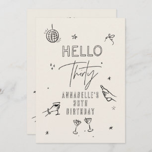 whimsical hand drawn 30th birthday drinks party invitation