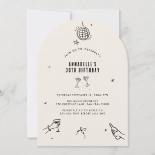 whimsical hand drawn 30th birthday drinks party invitation