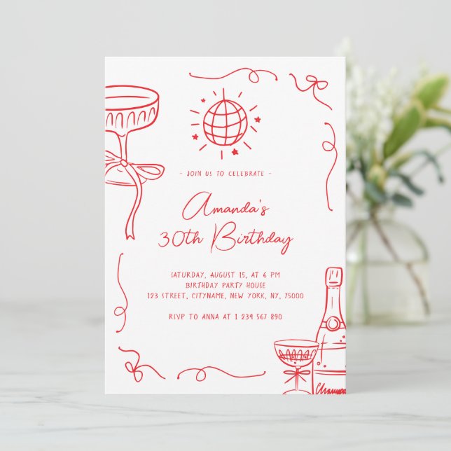 Whimsical Hand Drawn 30th Birthday Party Invitation (Standing Front)