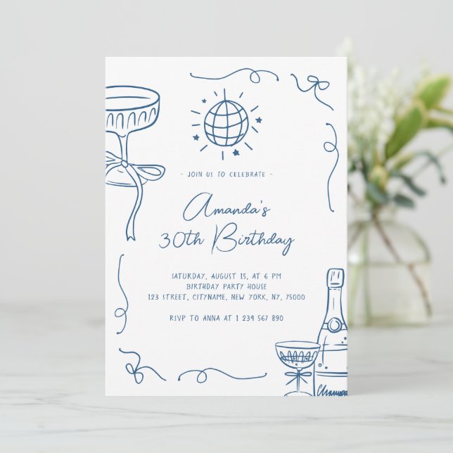 Whimsical Hand Drawn 30th Birthday Party Invitation (Standing Front)
