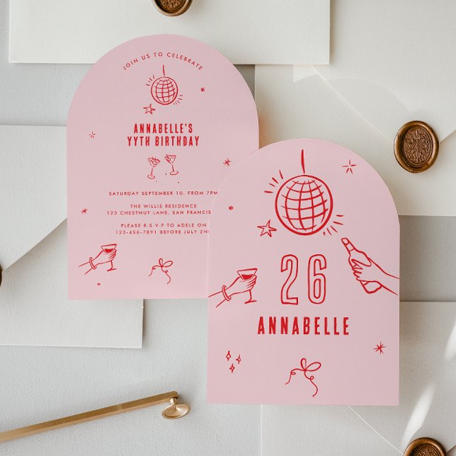 whimsical hand drawn arch birthday drinks pink red invitation (Creator Uploaded)