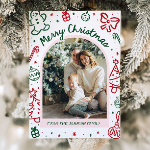 Whimsical Hand Drawn Arch Photo Merry Christmas Holiday Card