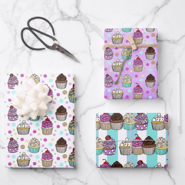 Whimsical Hand Drawn Birthday Cupcakes  Wrapping Paper Sheet (Front)