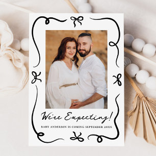Whimsical Hand-Drawn Black Bows 2 Photo Pregnancy Announcement