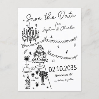Whimsical Hand Drawn Black Illustration Wedding Postcard
