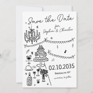 Whimsical Hand Drawn Black Illustration Wedding Save The Date
