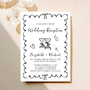 Whimsical Hand Drawn Black White Wedding Reception Invitation