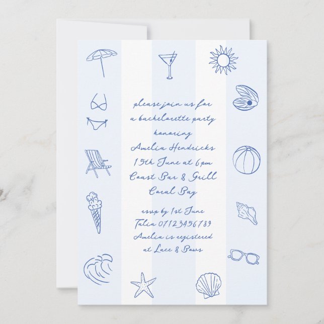 Whimsical Hand Drawn Blue Beach Bachelorette Invitation (Front)