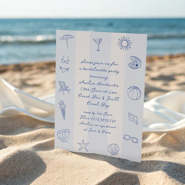 Whimsical Hand Drawn Blue Beach Bachelorette Invitation (Creator Uploaded)