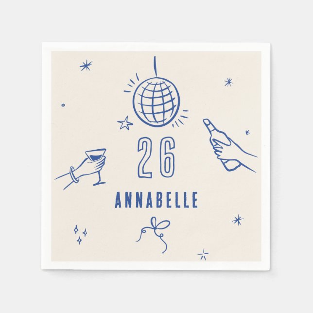 whimsical hand drawn blue birthday drinks party napkin (Front)