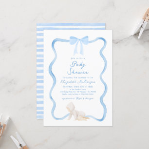 Whimsical Hand Drawn Blue Bow Boy Baby Shower Invitation