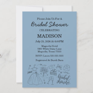 Whimsical Hand Drawn Blue Bridal Shower Invitation
