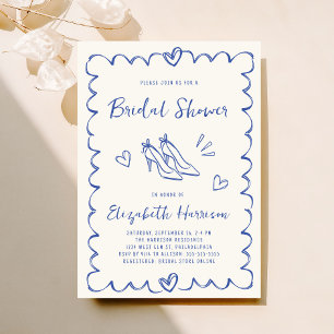 Whimsical Hand Drawn Blue Cream Bridal Shower Invitation