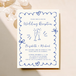 Whimsical Hand Drawn Blue Cream Wedding Reception Invitation