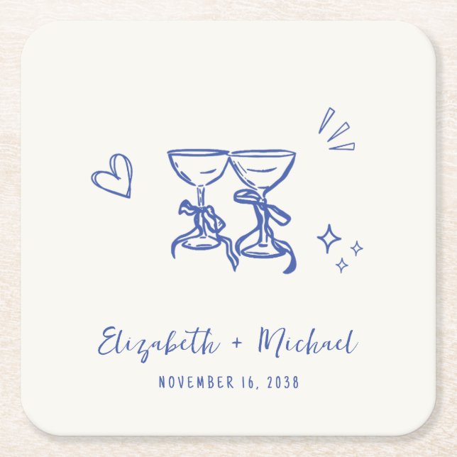 Whimsical Hand Drawn Blue Cream Wedding Square Paper Coaster (Front)