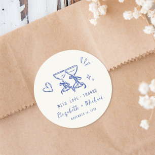 Whimsical Hand Drawn Blue Cream Wedding Thank You Classic Round Sticker