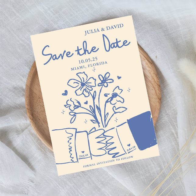 Whimsical Hand Drawn Blue Floral Wedding Save The Date (Creator Uploaded)