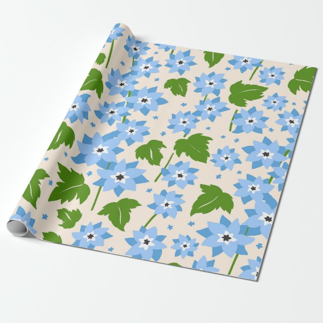Whimsical Hand-Drawn Blue Forget-Me-Not Botanical Wrapping Paper (Unrolled)