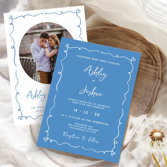 Whimsical Hand Drawn Blue Frame Hearts Wedding  Invitation (Blue Whimsical Hand drawn Wedding Invitation, Blue, heart Frame, Hand Drawn Wedding Invite, Trendy)