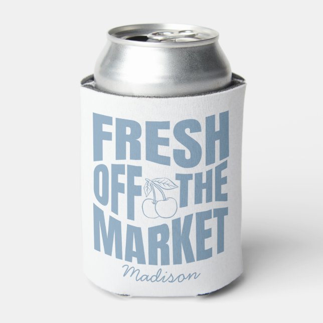 Whimsical Hand Drawn Blue Fresh Off The Market Can Cooler (Can Front)