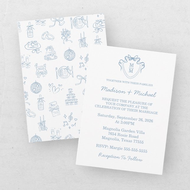 Whimsical Hand Drawn Blue Illustrated Wedding Invitation (Creator Uploaded)