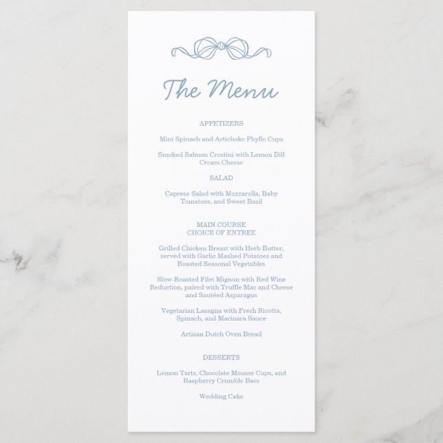 Whimsical Hand Drawn Blue Illustrated Wedding Menu (Front)