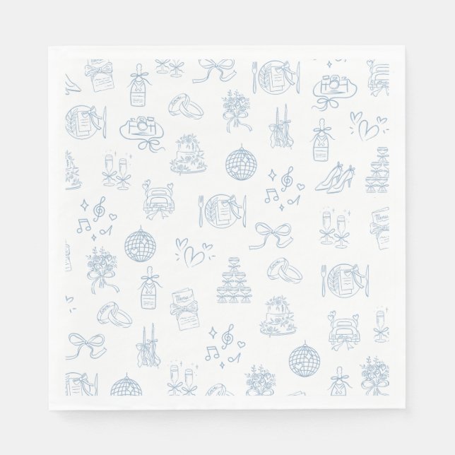 Whimsical Hand Drawn Blue Illustrated Wedding Napkin (Front)