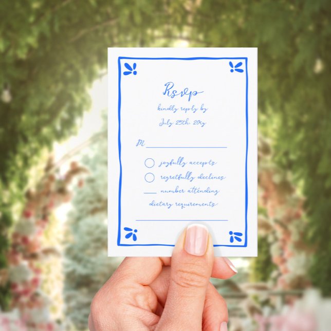 Whimsical Hand Drawn Blue Mediterranean Theme RSVP Card (Creator Uploaded)