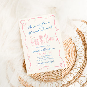 Whimsical Hand Drawn Blue & Pink Bridal Brunch Invitation